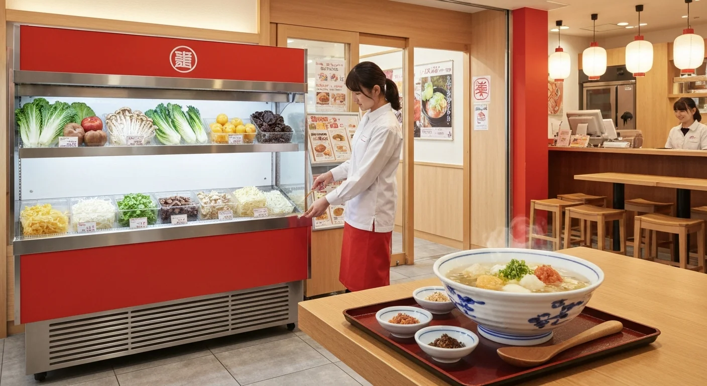 白い器の麻辣湯と小皿の調味料が木のテーブルに整然と並ぶ場面