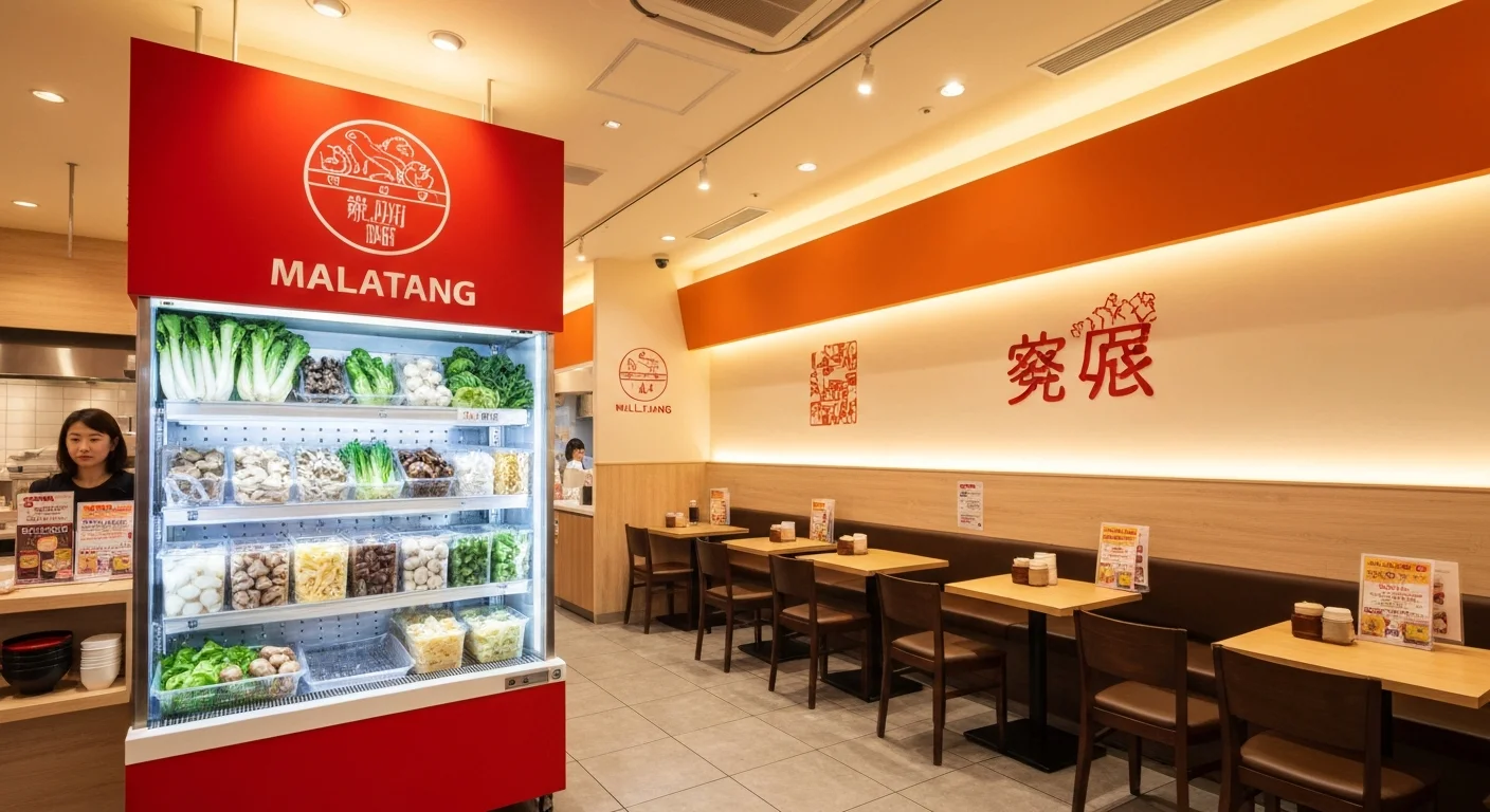 客席と通路、冷蔵ショーケースの位置関係が見える麻辣湯専門店の店内全景