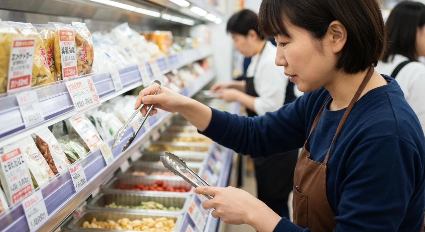 冷蔵ショーケースに整列した青菜、きのこ、練り物、麺をボウルに選び入れる手元