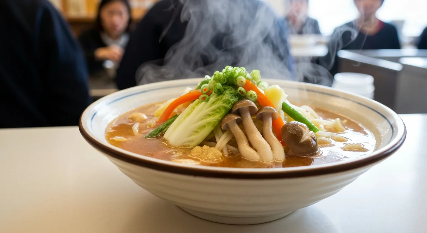赤い麻辣燙スープに青梗菜、きのこ、麺を盛り付けた出来上がりの麻辣湯