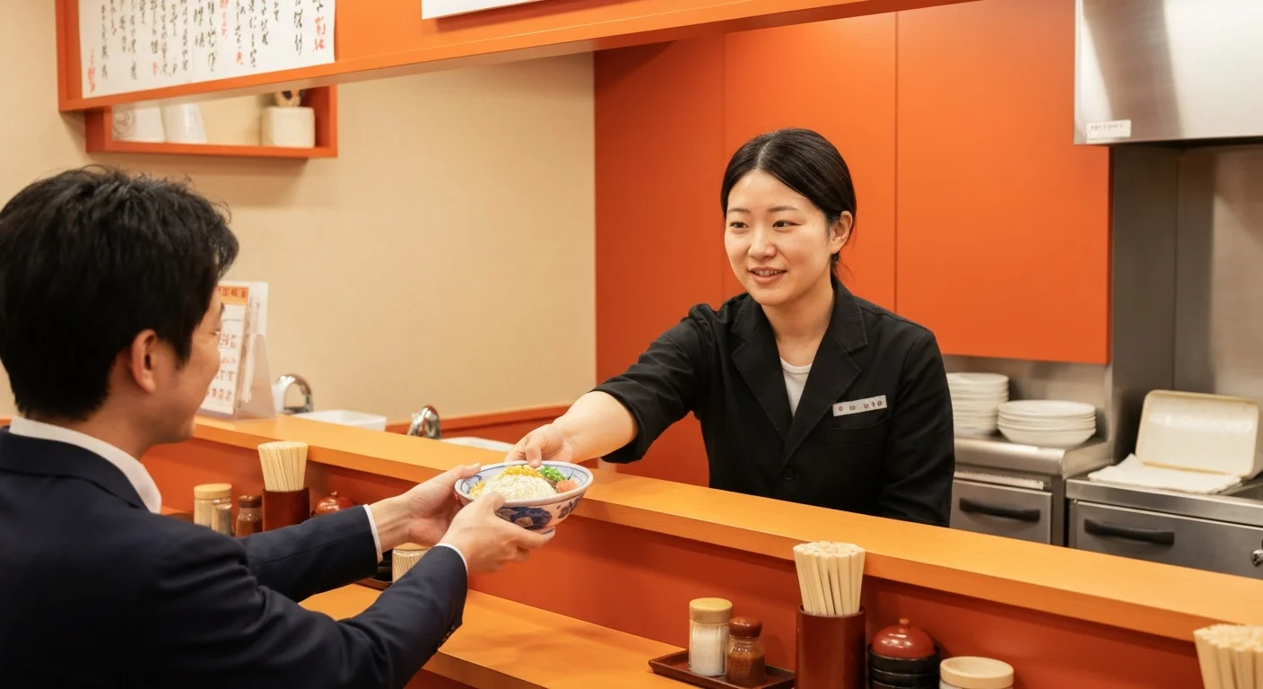 仕上がった麻辣湯の器をカウンター越しに受け取る場面