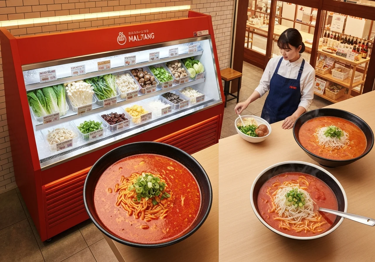 丸いテーブルに麻辣燙スープ、牛骨スープ、トマトスープ、麻辣和え（汁なし）の3種類の器が並び、スープの色の違いが見える俯瞰写真