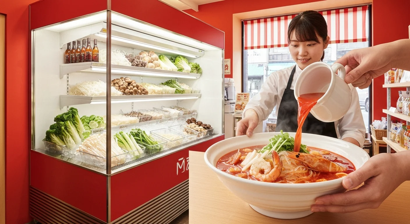 白いボウルに海鮮、青菜、春雨を盛り、赤いスープを注ぐ直前の手元