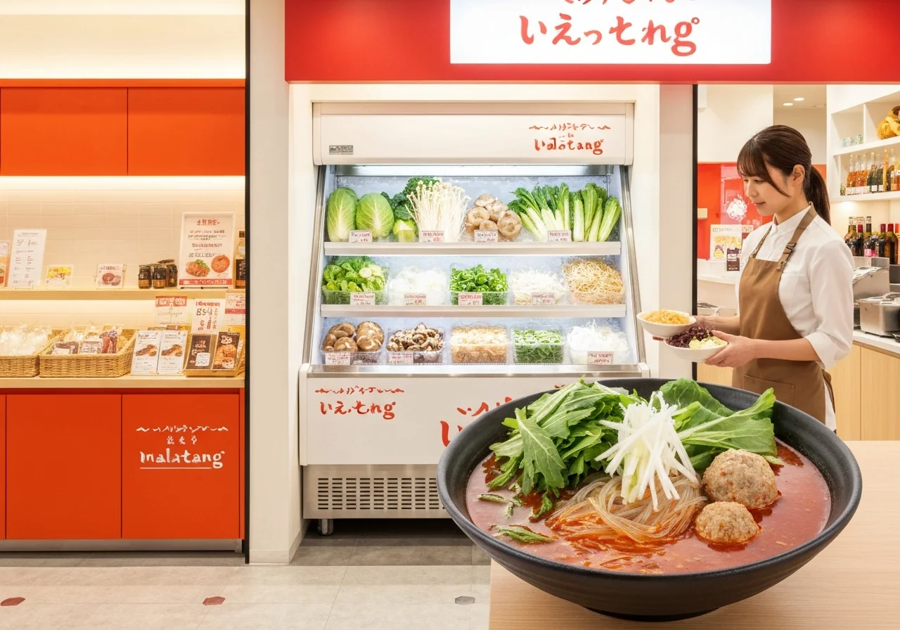 赤い麻辣燙スープに青梗菜、きくらげ、牛肉、春雨を盛り付けた一杯