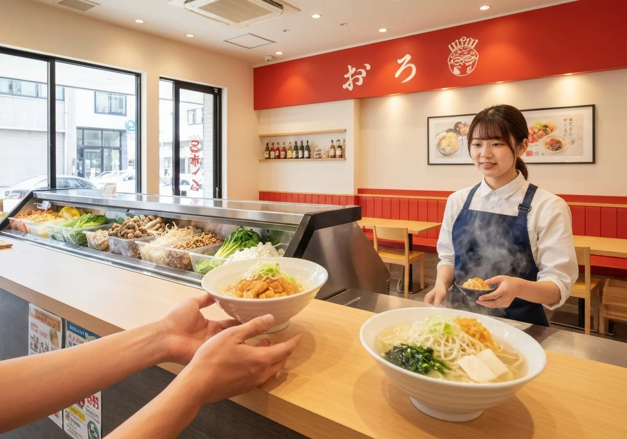 カウンター越しに完成した麻辣湯を受け取る手元と、奥に見える整った店内