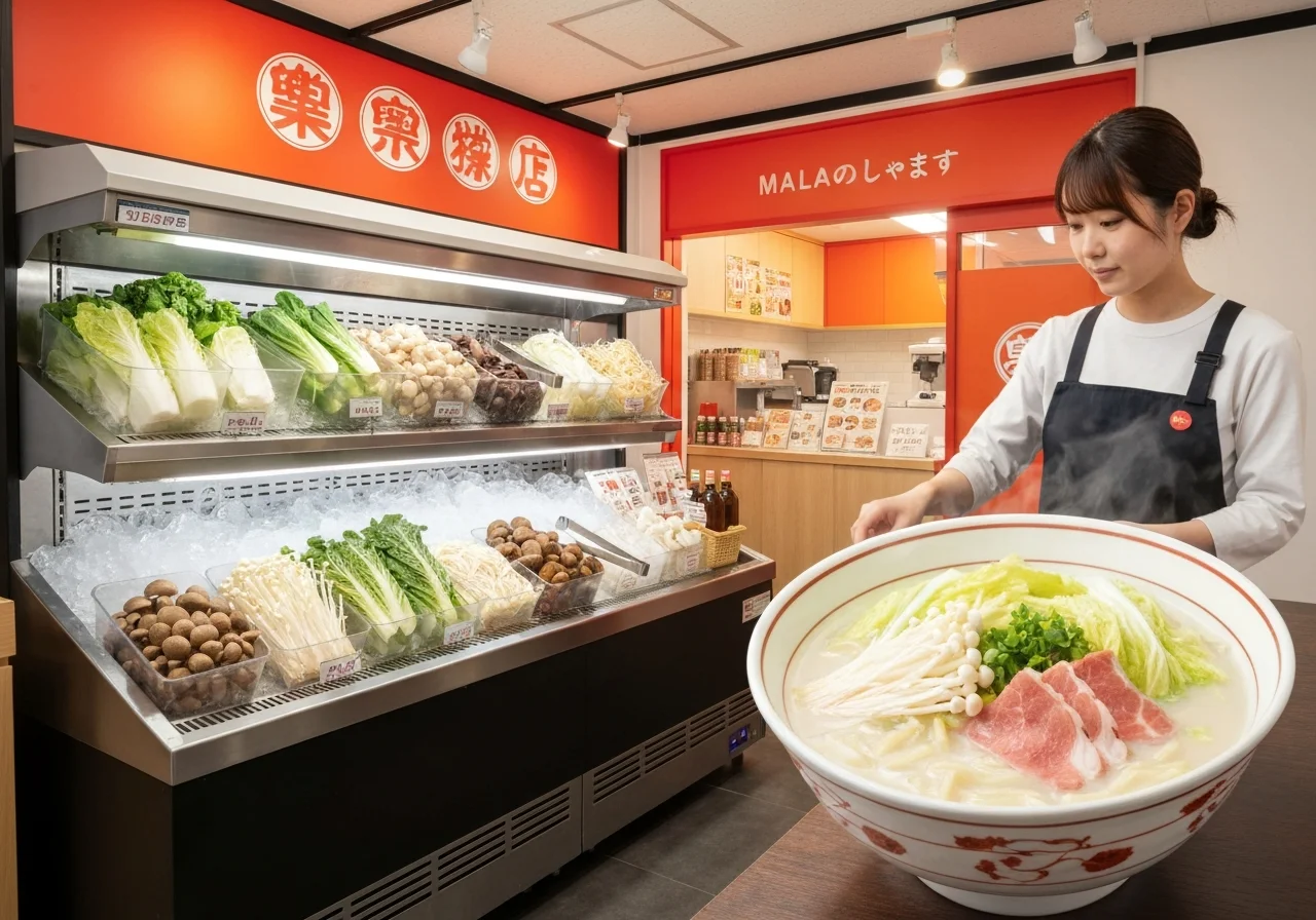 牛骨スープに白菜、豆腐、鶏団子、平たい麺を合わせた明るい色の麻辣湯
