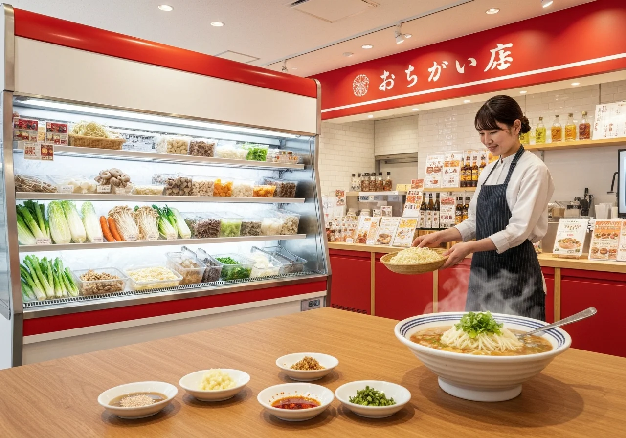 トマトスープにきのこ、海老、レタス、細麺を入れた赤みのある麻辣湯